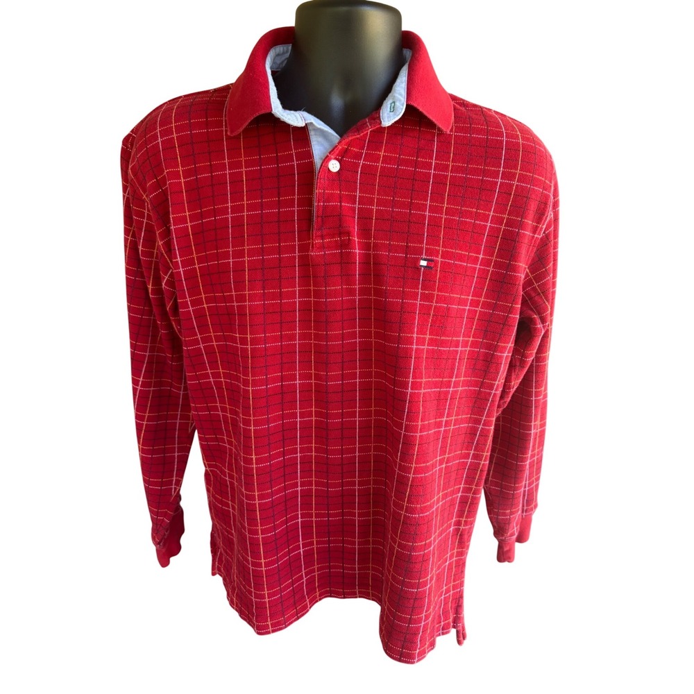 Tommy Hilfiger Mens Red Grid Check Long Sleeve Polo Shirt Size M Cotton Logo